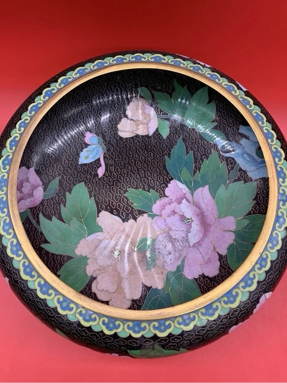 Vintage Chinese Cloisonné Champlevé Floral Bowl With Wooden Stand Beautiful 9”